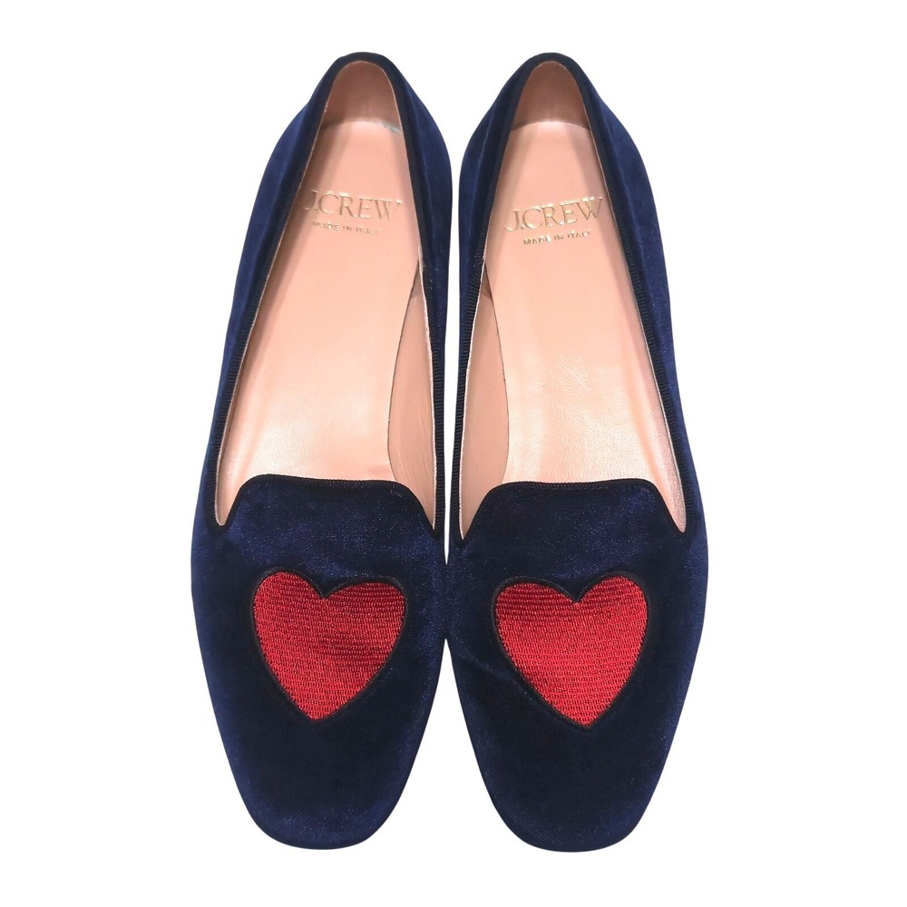 J.Crew Made-in-Italy Smoking Slipper Navy Velvet Red Embroidered Heart Flats 6.5